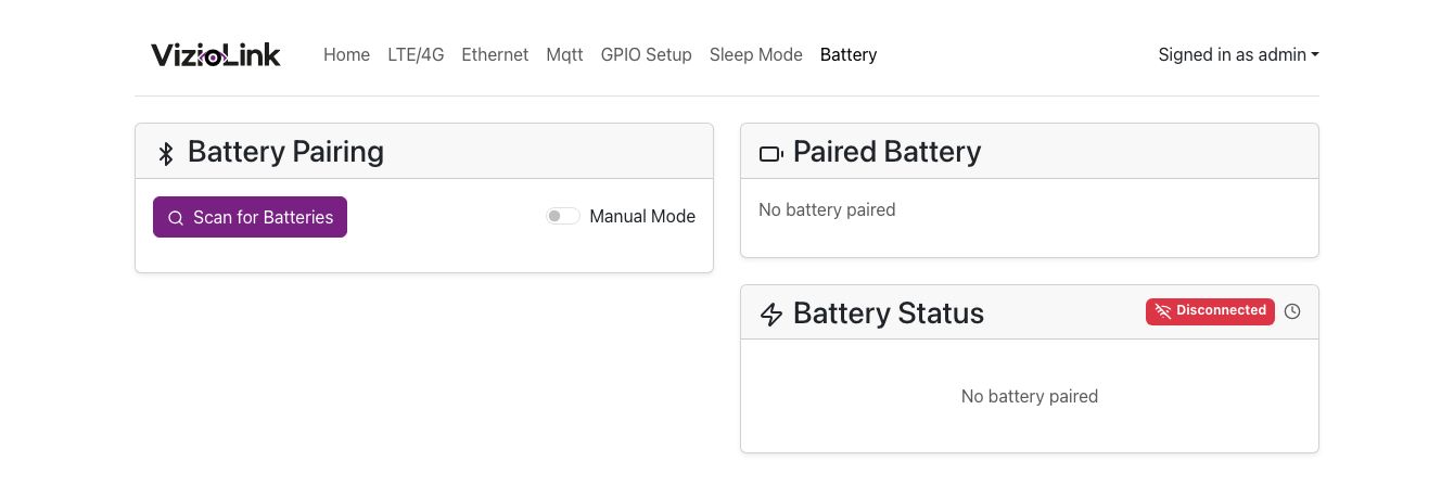 Full page view showing the Battery Pairing card on the left and Paired Battery/Battery Status cards on the right when no battery is paired