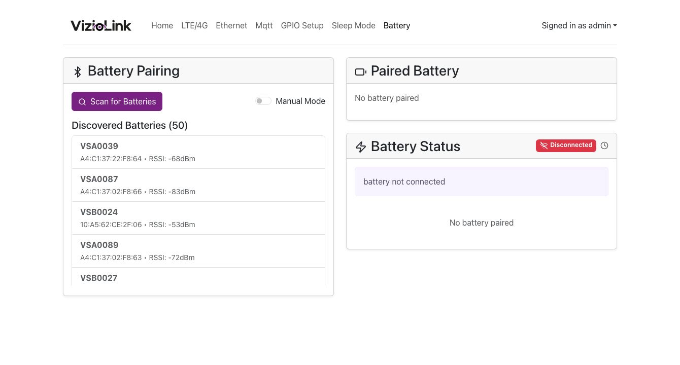 List of 2-3 discovered batteries showing their names, addresses, RSSI values, and manufacturer info