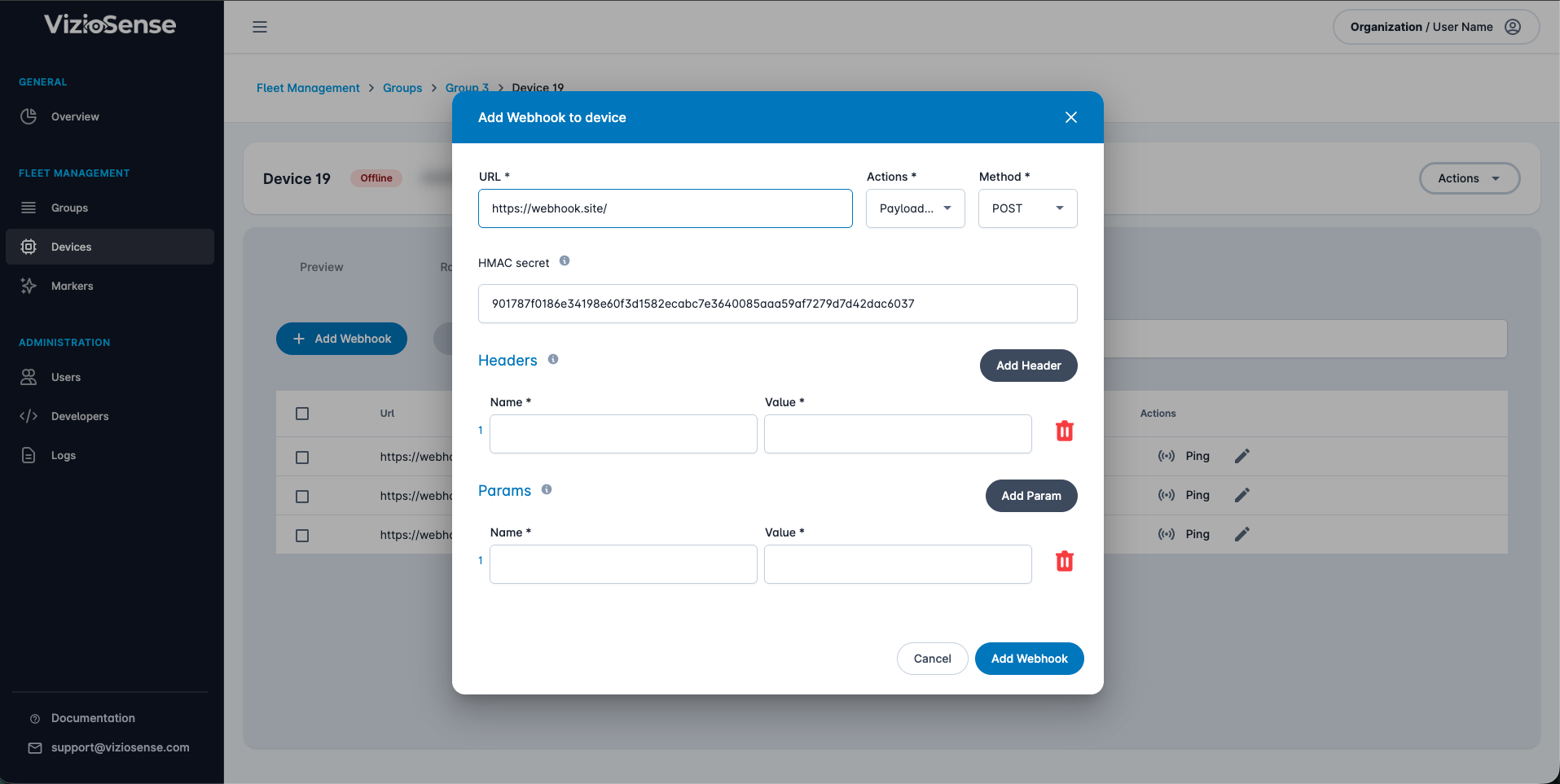 Page de configuration du webhook